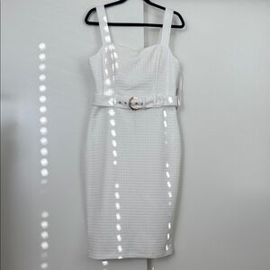 White Textured Belted Sheath Dress